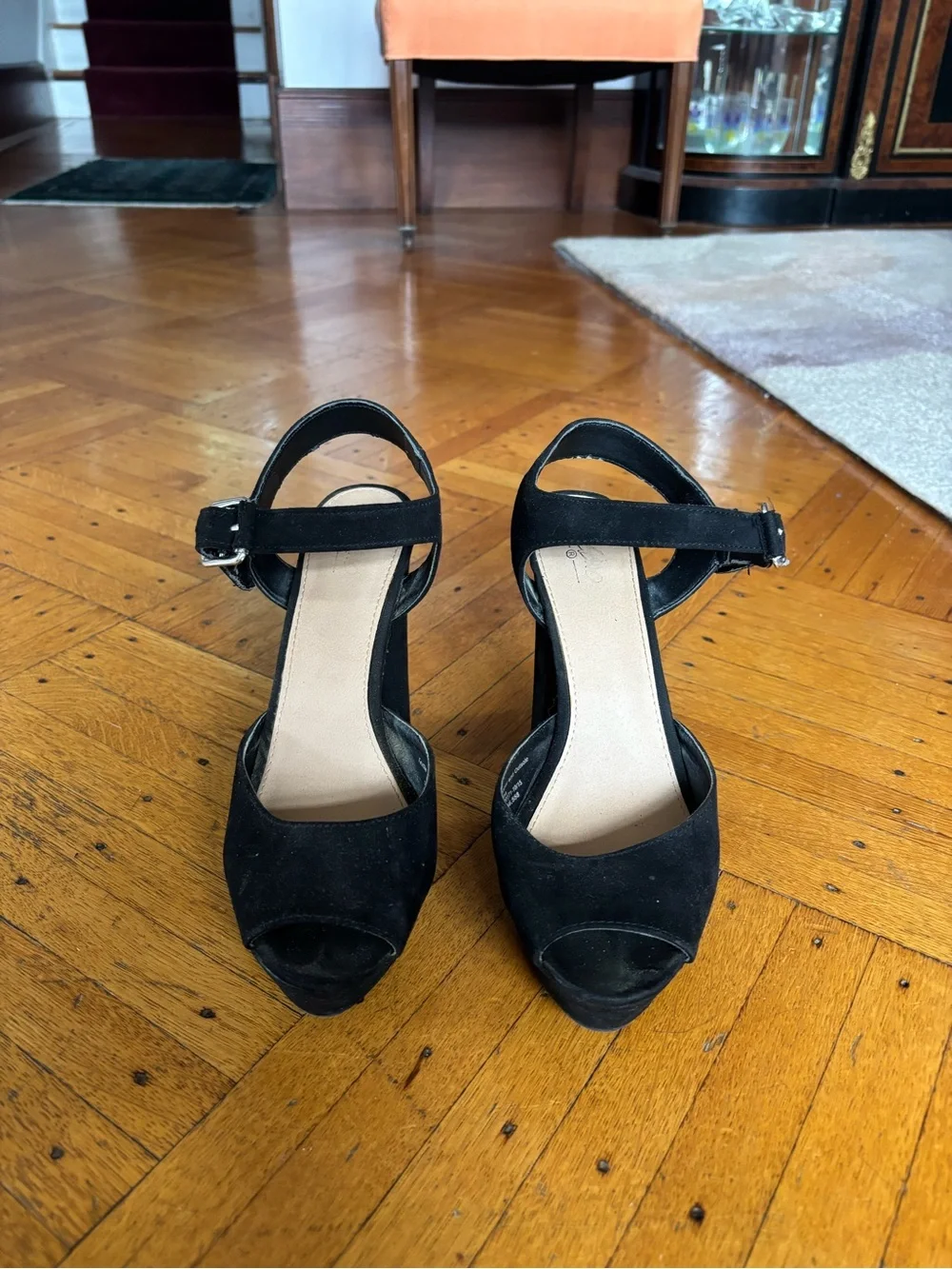 Black Suede Platform Block Heel Sandals with Ankle Strap
